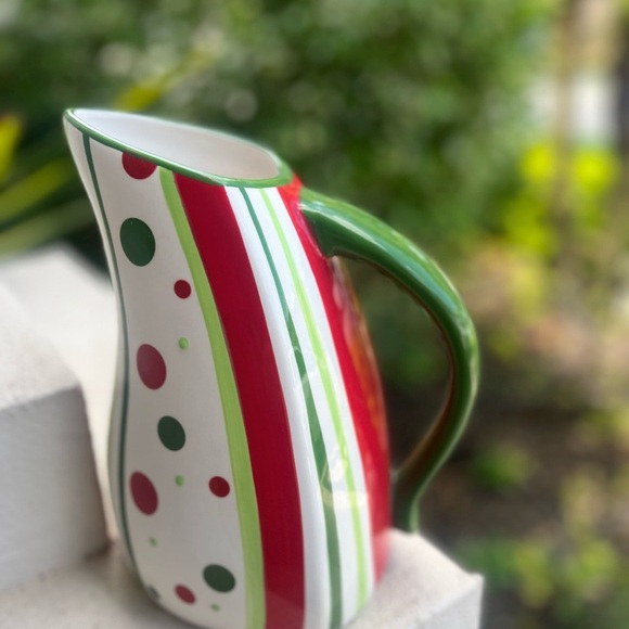 VGC Bella Casa by Ganz. Red Striped Pitcher, Green Handle Polka Dots 9" Holiday - Picture 3 of 10